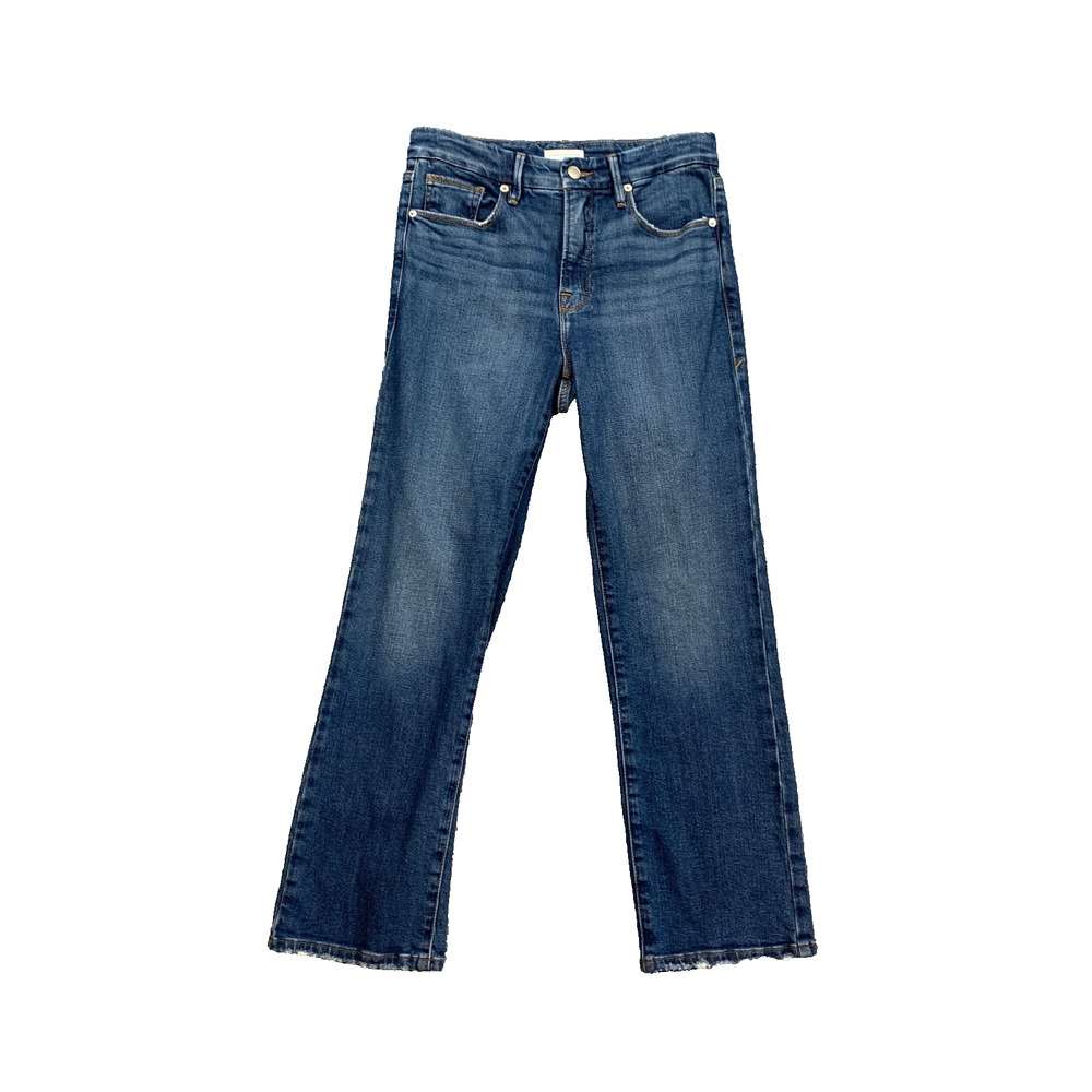 Good American Jeans Womens 6/28 Blue Straight Cropped Raw Hem Mid Rise Stretch